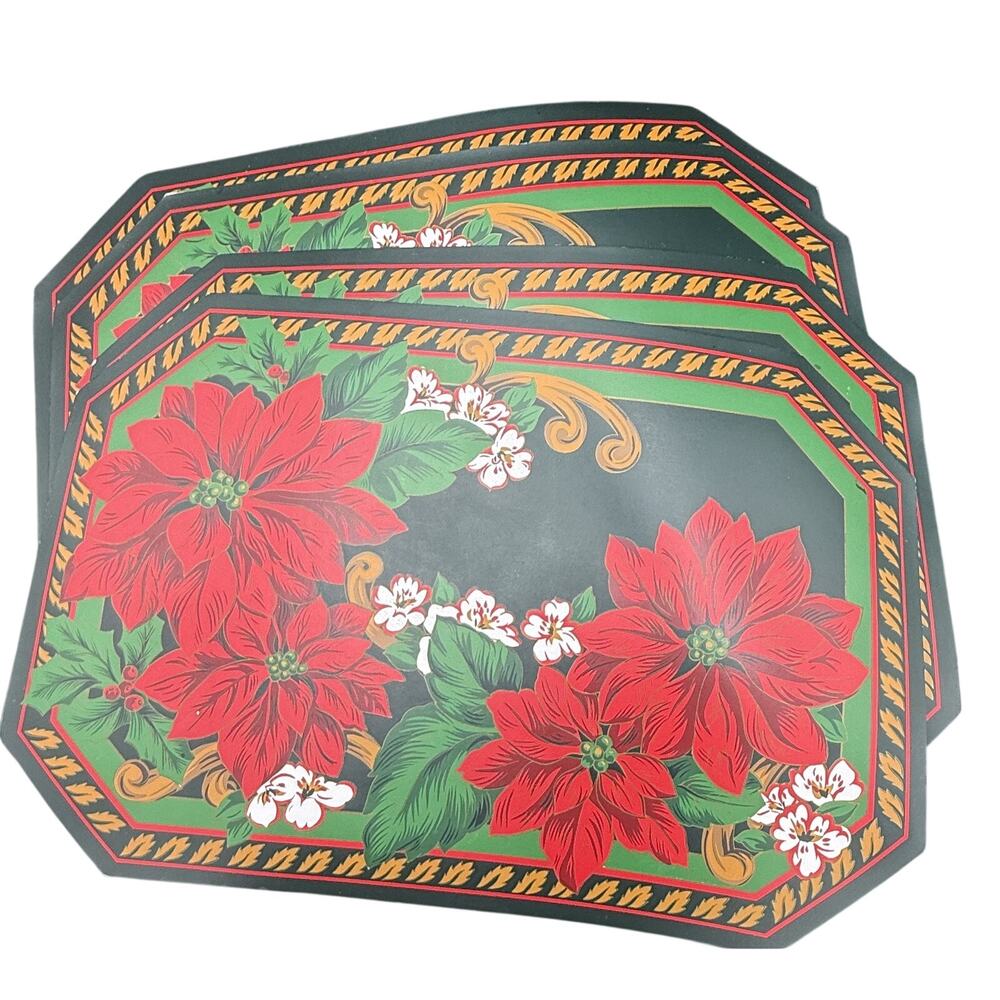 🎄 Trim A Home Christmas Placemats Vinyl Poinsettia Holiday Table Decor Set